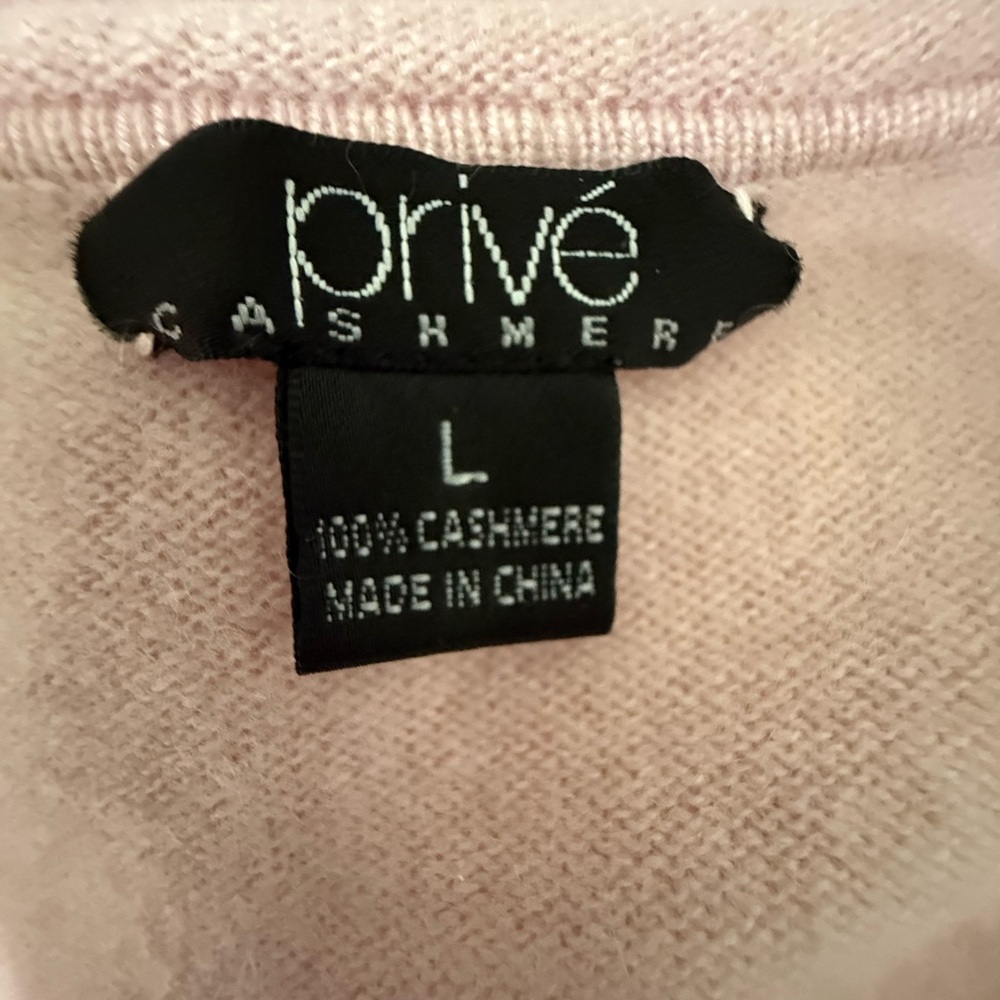 Prive 100% Cashmere Light Pink V-Neck Sweater Rolled Sleeves & Hem Size L EUC - Picture 2 of 7